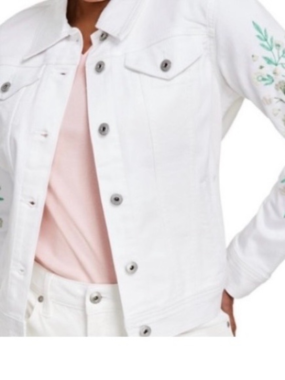 Style & Co. White Denim Jacket with Pastel Embroidery